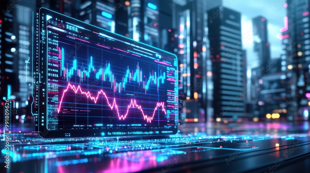 A digital stock market display amidst a thunderstorm backdrop, showcasing dramatic market fluctuations with vibrant lights and futuristic technology. A digital stock market display amidst a thunderstorm backdrop, showcasing dramatic market fluctuations with vibrant lights and futuristic technology.