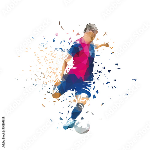 Football, soccer player running with ball, low poly isolated vector illustration, side view