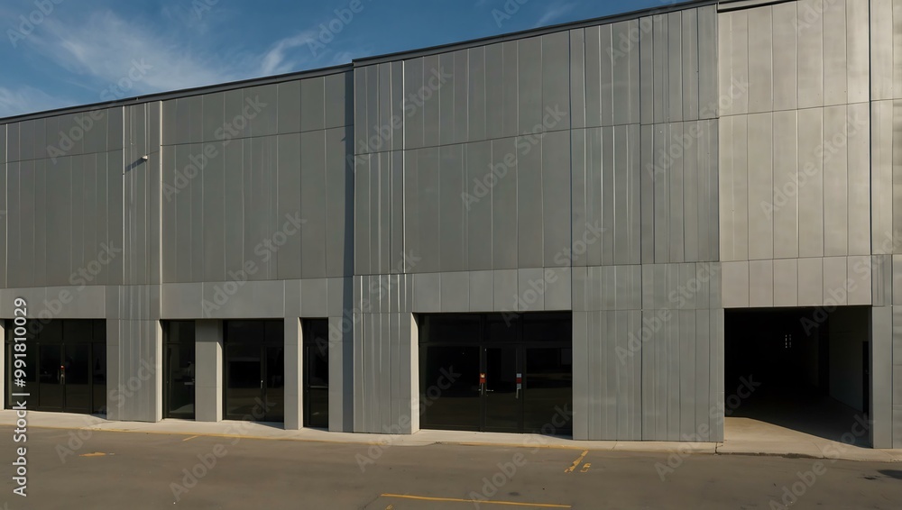 Streamlined factory facade with uniform surfaces and straight lines. Streamlined factory facade with uniform surfaces and straight lines.