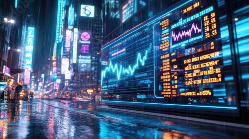 Captivating view of lightning striking above a stock market display in a vibrant city at night, showcasing financial data and trading trends amid rain.