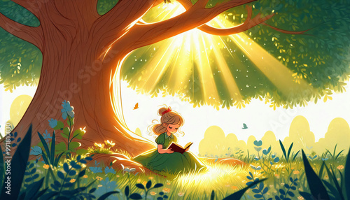 Sunlit Reading: Girl Under a Tree. Generative AI photo