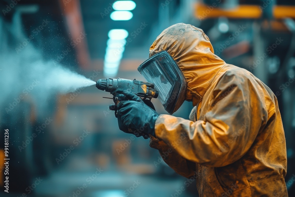 Industrial Paint. Woman in Protective Suit Spraying Powder Coating on Metal Parts Industrial Paint. Woman in Protective Suit Spraying Powder Coating on Metal Parts
