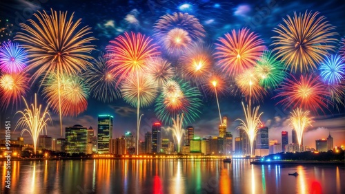 Colorful fireworks bursting over city skyline at night photo