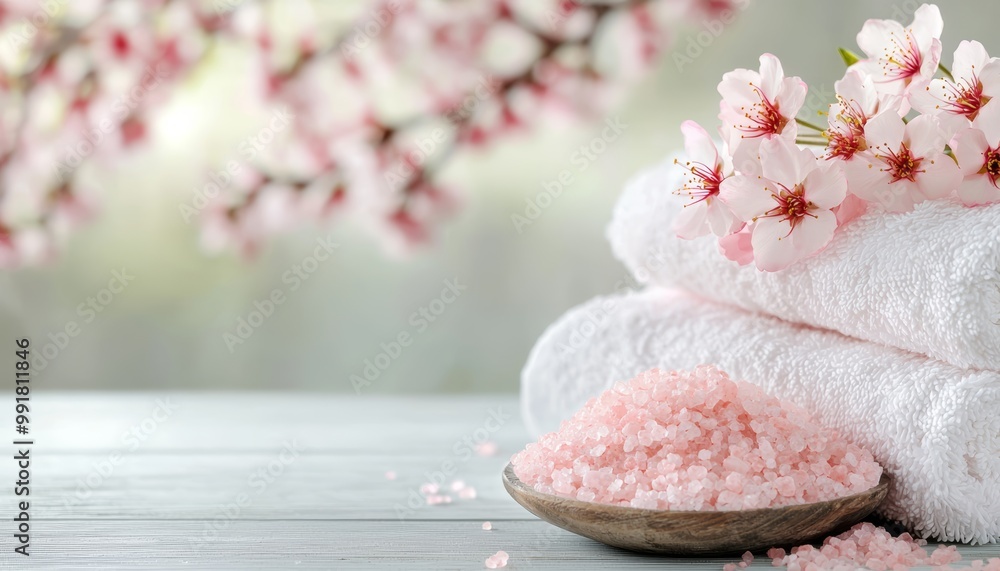Serene spa scene with pink bath salts, soft towels, and cherry blossoms on a light wooden table, creating a relaxing and calm atmosphere.