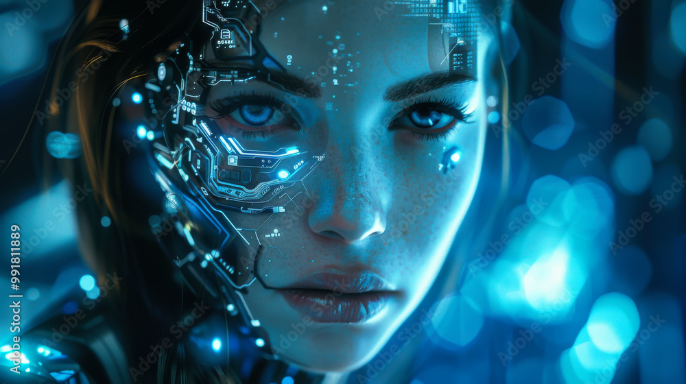 A futuristic humanoid with glowing blue circuitry and holographic elements in a high-tech environment A futuristic humanoid with glowing blue circuitry and holographic elements in a high-tech environment