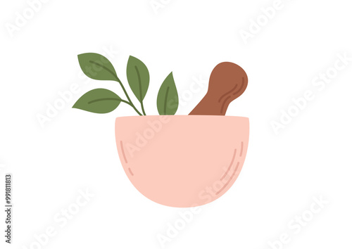 Pestle and mortar. Kitchen tool for manual grinding spices. Flat style vector illustration isolated on white background