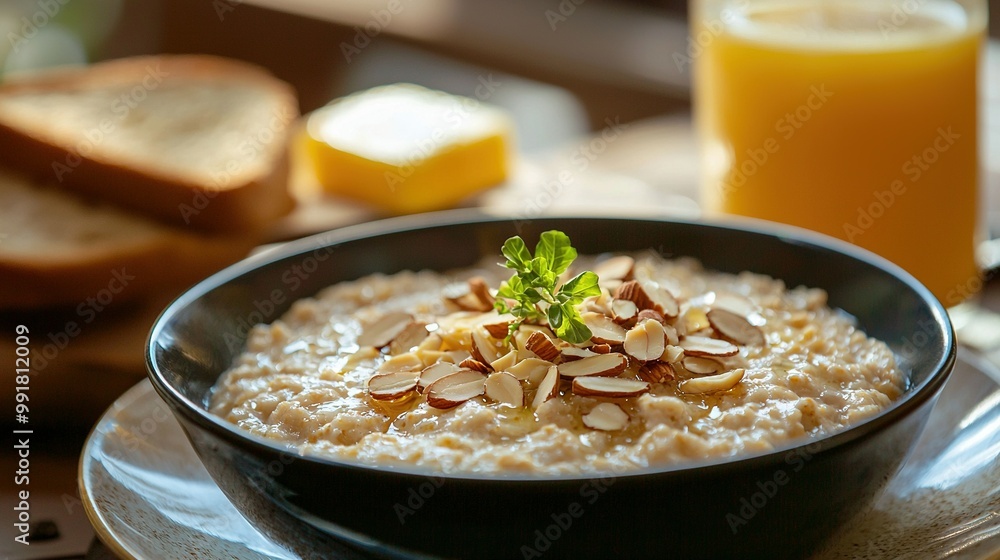 A plate with a bowl of oatmeal topped with almonds and a glass of orange juice nearby A plate with a bowl of oatmeal topped with almonds and a glass of orange juice nearby