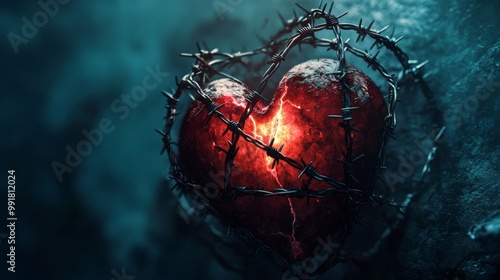 Conceptual image of heartache visualized through a heart entwined in barbed wire