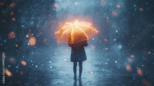 Conceptual image of hope and resilience represented by a glowing umbrella in a storm