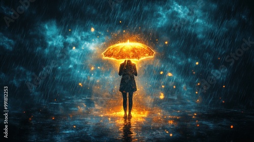 Rainstorm of emotions visualized with a protective umbrella glowing with warmth