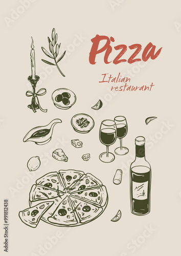 Food and vine vertical handwriting poster. Italian restaurant menu design background. Charcoal scribble. Four cheese, margarita, pepperoni, Neapolitan pizza engraving minimalist drawing