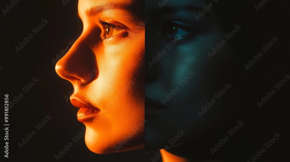 Face divided into light and shadow symbolizing the duality of human emotions Face divided into light and shadow symbolizing the duality of human emotions