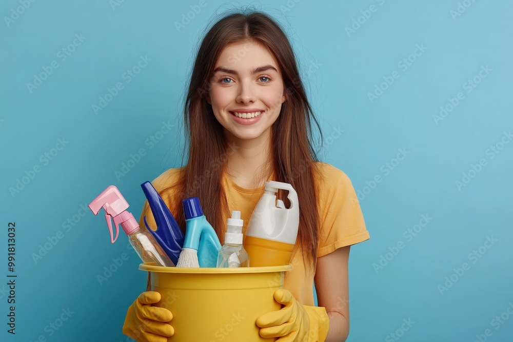 Pleased young housemaid wearing yellow rubber gloves holds a bucket of cleaning supplies against a blue background Pleased young housemaid wearing yellow rubber gloves holds a bucket of cleaning supplies against a blue background