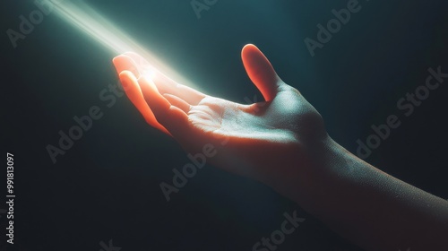 The futile effort of capturing time shown through a hand reaching for glowing light photo