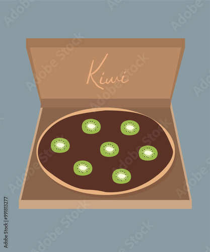 Flat Design Illustration with Box At Pizza and Kiwi ,Chocolate Taste