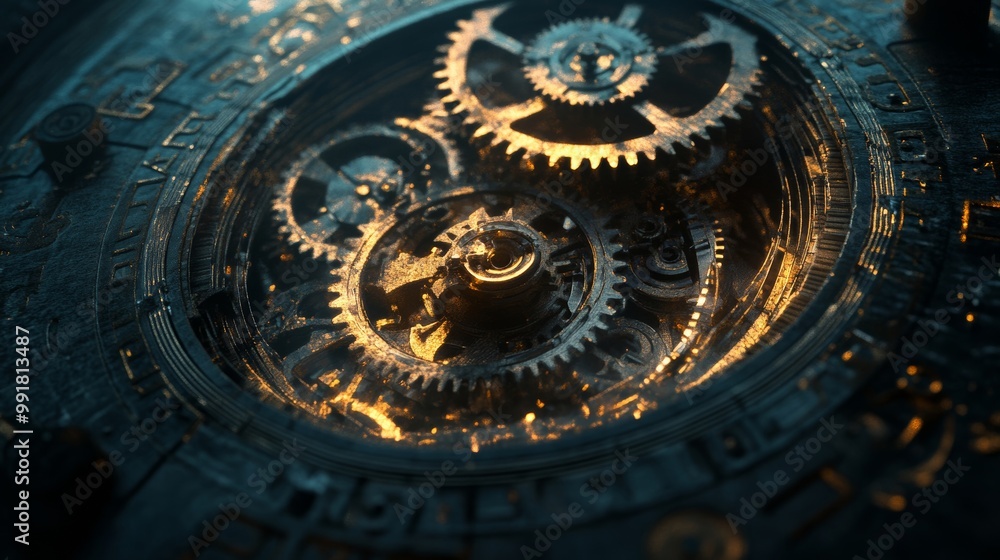 Fototapeta premium Conceptual image of time's wear and tear visualized through intricate clock gears
