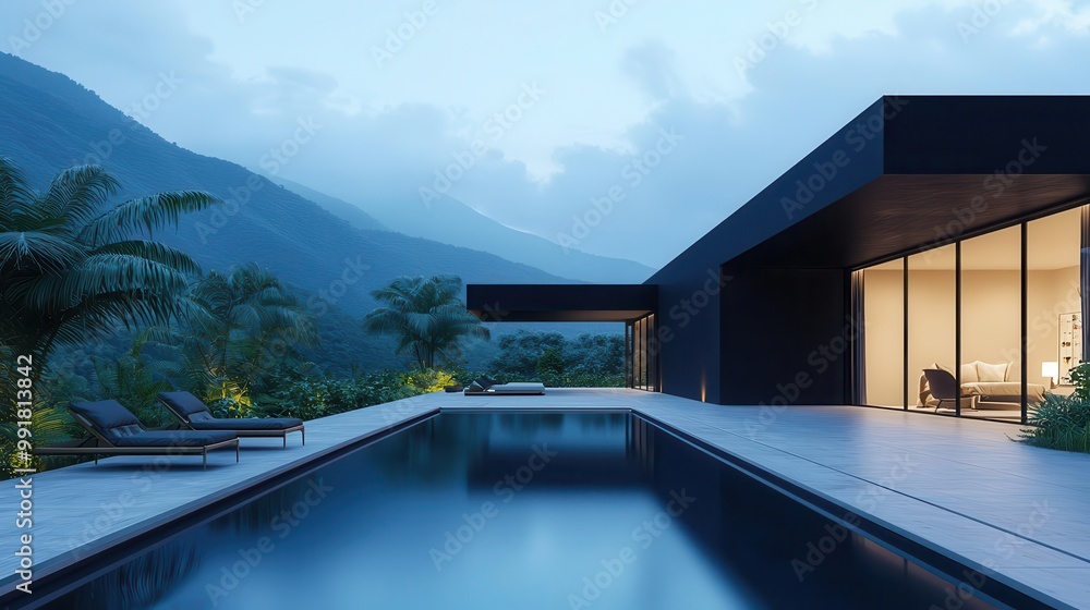 Dark-toned container house with a minimalist pool and deck, set in a tropical environment, dark tones, modern retreat Dark-toned container house with a minimalist pool and deck, set in a tropical environment, dark tones, modern retreat
