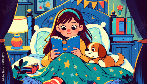 Bedtime Bond: Girl Reading with Her Dog. Generative AI