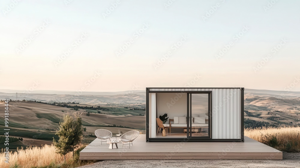 Minimal container home with a small, integrated deck, set against a backdrop of rolling hills, deck integration, harmony with landscape