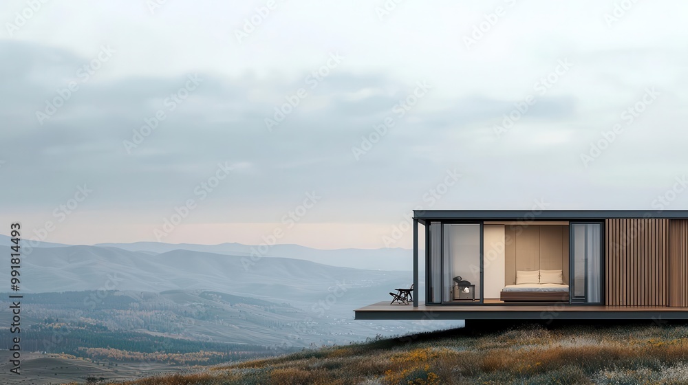 Fototapeta premium Minimal container home with a small, integrated deck, set against a backdrop of rolling hills, deck integration, harmony with landscape