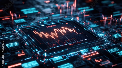 A visually striking digital representation of financial trends featuring lightning effects. Ideal for concepts related to finance, technology, and data analysis.