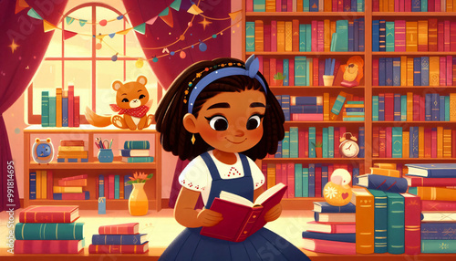 Literary Escape: Girl Reading by Bookshelves. Generative AI