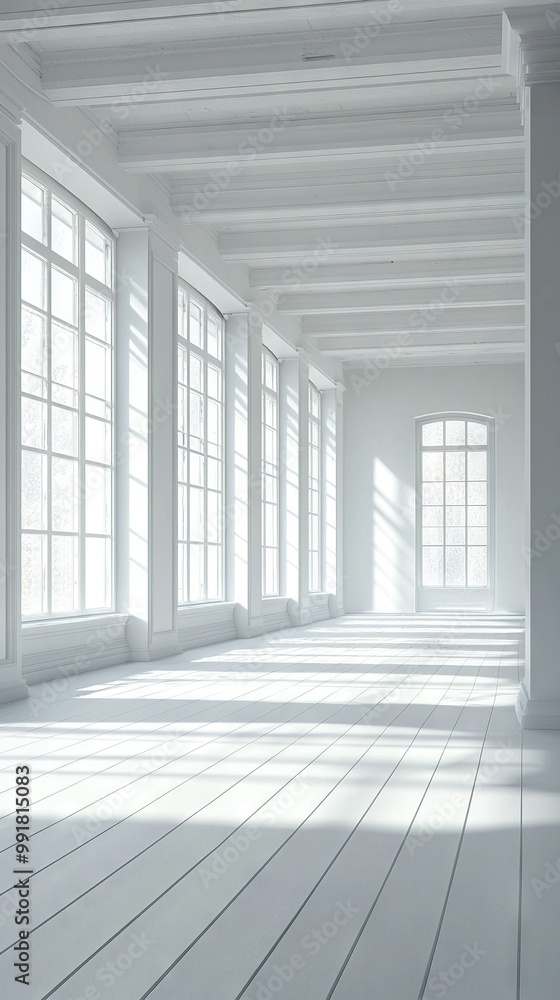 Fototapeta premium Empty room with large windows and wooden floor illuminated by sunlight filtering through the windows