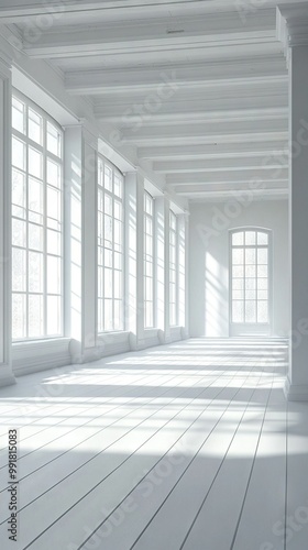  Empty room with large windows and wooden floor illuminated by sunlight filtering through the windows