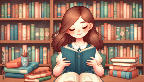 Books & Imagination: Girl Reading Near Shelves. Generative AI