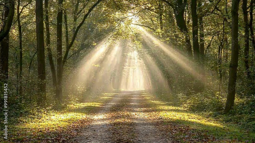 Fototapeta premium Dirt path amidst forest with sunlight filtering through branches and fallen foliage below