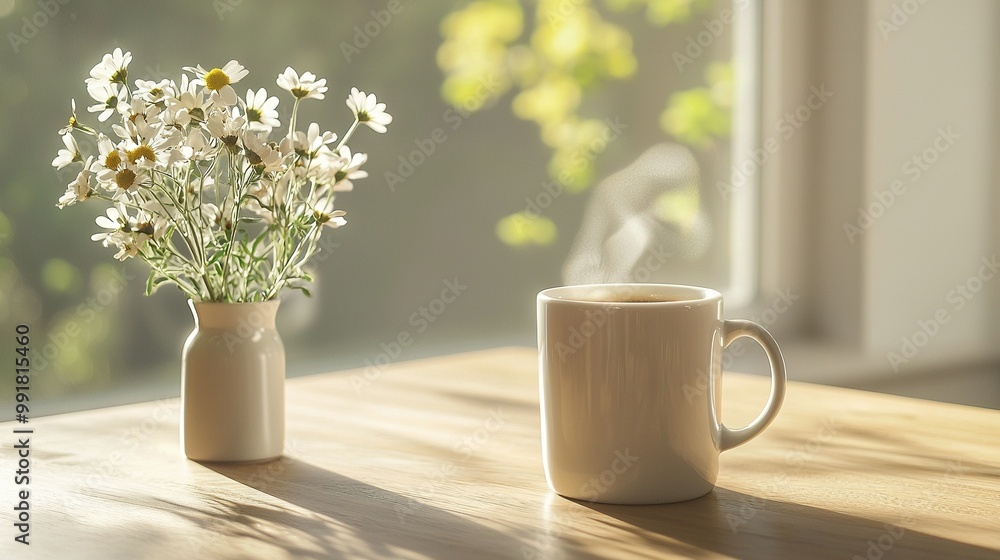 A cup of coffee sits beside a vase of daisies on a table with a window behind it A cup of coffee sits beside a vase of daisies on a table with a window behind it