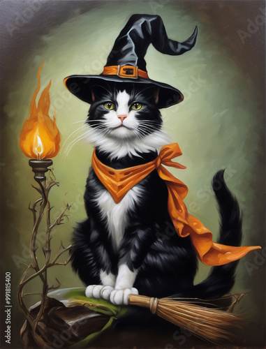 A tuxedo cat dressed as a witch