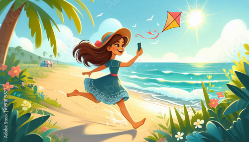 Summer Joy: Girl Running with Kite by the Beach. Generative AI