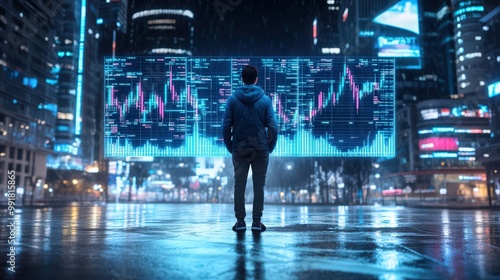 A solitary businessperson stands in a rainy cityscape, gazing at digital data on a large screen, embodying the challenges and opportunities of the modern world.