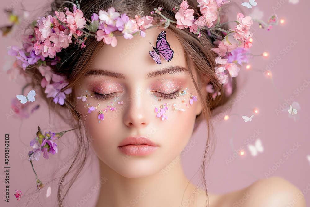 serene woman with closed eyes adorned with floral crown and delicate butterflies, exuding dreamy and enchanting vibe. soft pink background enhances ethereal beauty of scene serene woman with closed eyes adorned with floral crown and delicate butterflies, exuding dreamy and enchanting vibe. soft pink background enhances ethereal beauty of scene