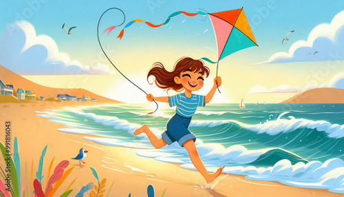 Sunshine & Kites: Girl Running Near the Beach. Generative AI