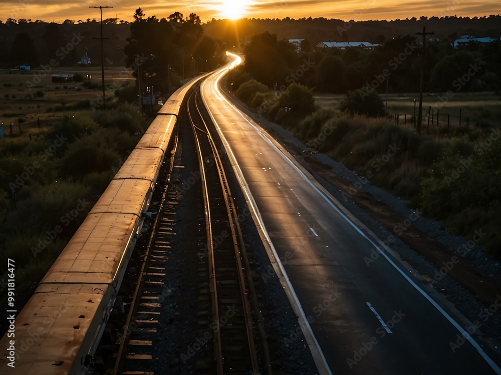 Sunset highway beside train tracks, capturing movement and light. Sunset highway beside train tracks, capturing movement and light.