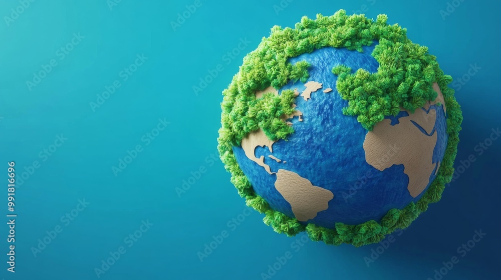 3D Rendered Earth Globe with Lush Green Foliage, Blue Background, Earth Day, Environmental Protection, Sustainability. Earth Day, Sustainable Future, 3D Rendered 3D Rendered Earth Globe with Lush Green Foliage, Blue Background, Earth Day, Environmental Protection, Sustainability. Earth Day, Sustainable Future, 3D Rendered