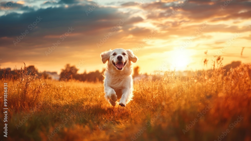 A delightful, plump white dog racing across a charming countryside field at sunset, with the
