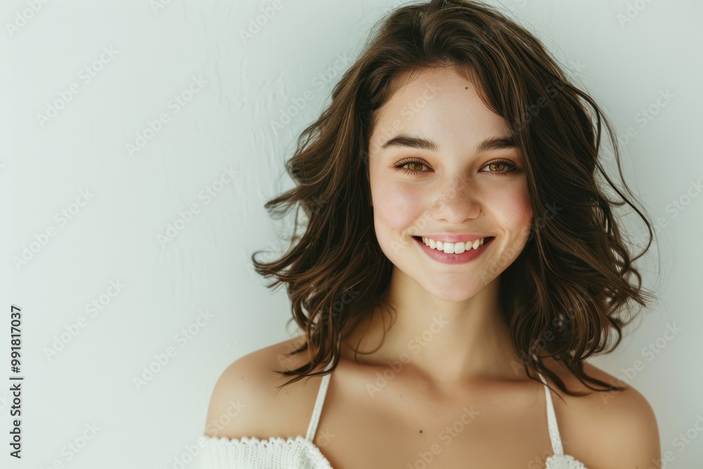 Dark brown haired woman on a white background, glowing skin and smooth hairstyle. Dark brown haired woman on a white background, glowing skin and smooth hairstyle.