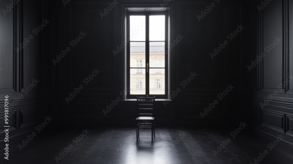 A Single Chair in a Dark Room with a Window, Black and White, Minimalism, Simple, Modern, Window Light, Interior Design A Single Chair in a Dark Room with a Window, Black and White, Minimalism, Simple, Modern, Window Light, Interior Design