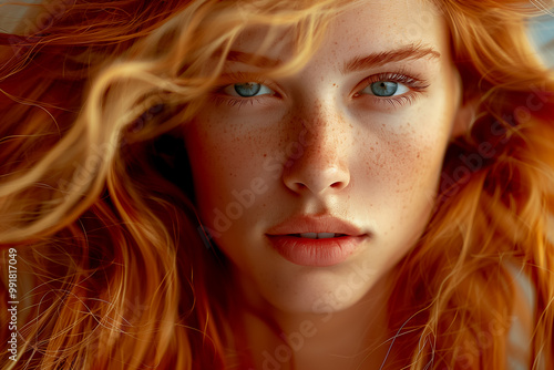 The young woman gazes directly at the viewer, her vibrant red hair cascading around her face as soft light highlights her features and freckles. Her intense blue eyes draw attention