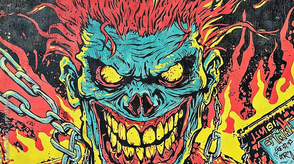 A close-up of a painting depicts a zombie with chains on its face and a cigarette in its mouth A close-up of a painting depicts a zombie with chains on its face and a cigarette in its mouth