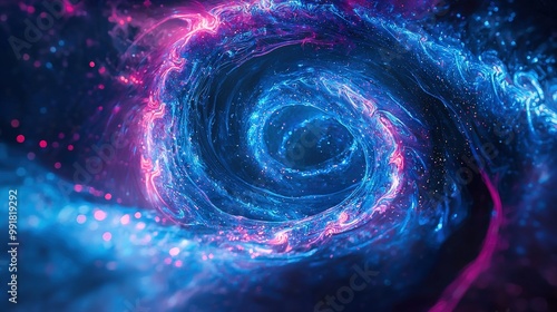  A detailed image of a blue and pink spiral against a dark blue and pink backdrop, surrounded by stars