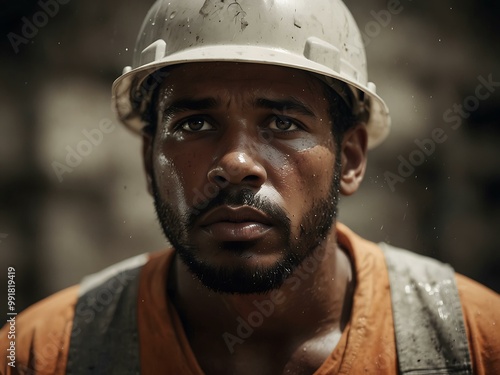 Sweating construction worker on a hot summer day.