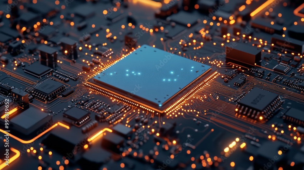 Circuit Board with Glowing CPU, 3D Render, Digital, Technology, Circuitry, Motherboard, Computing Circuit Board with Glowing CPU, 3D Render, Digital, Technology, Circuitry, Motherboard, Computing
