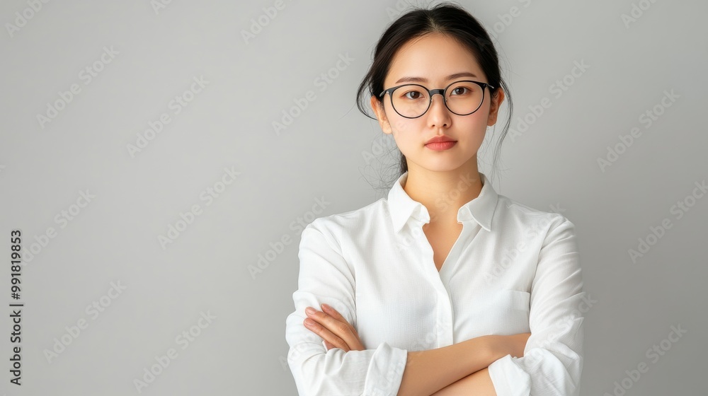 Confident Woman in White Shirt with Glasses, Portrait, Minimalist, White Background, Portrait Photography, Women, Style Confident Woman in White Shirt with Glasses, Portrait, Minimalist, White Background, Portrait Photography, Women, Style