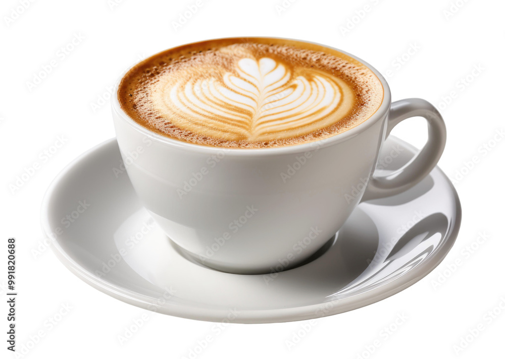 cup of cappuccino with beautiful latte art served in a white cup and saucer, cut out