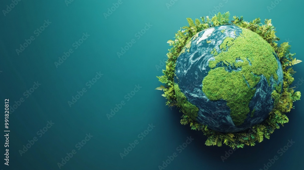 Green Earth Globe with Lush Foliage on Teal Background, 3D Rendering, Sustainable Planet, Earth Day, Environmentalism Green Earth Globe with Lush Foliage on Teal Background, 3D Rendering, Sustainable Planet, Earth Day, Environmentalism