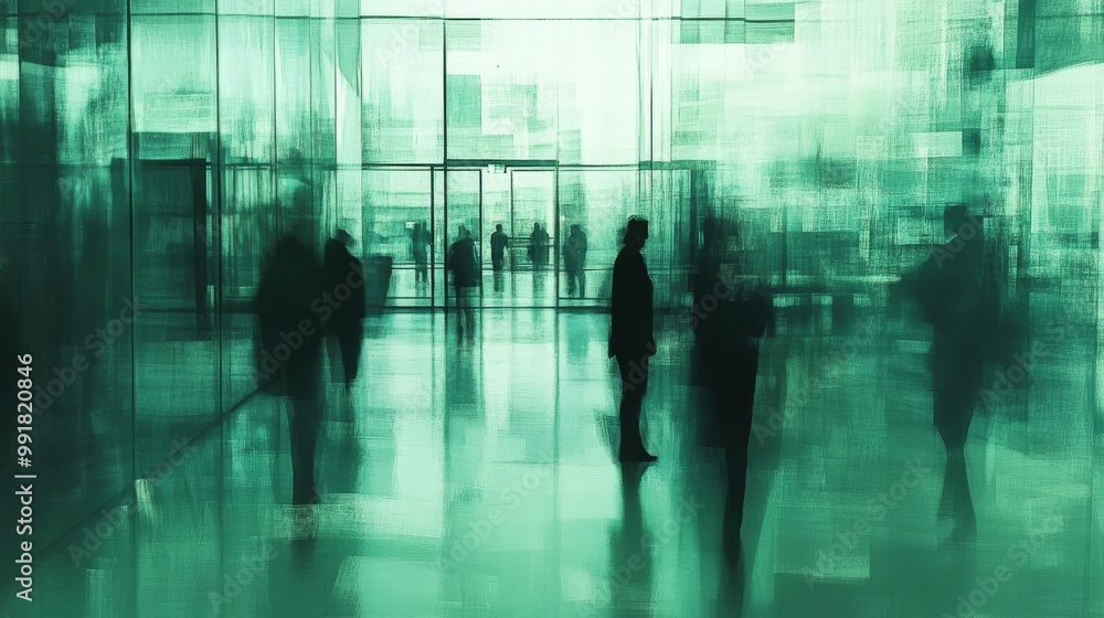 Green Abstract Silhouettes in a Modern Building, Abstract, Digital Art, Silhouettes Green Abstract Silhouettes in a Modern Building, Abstract, Digital Art, Silhouettes